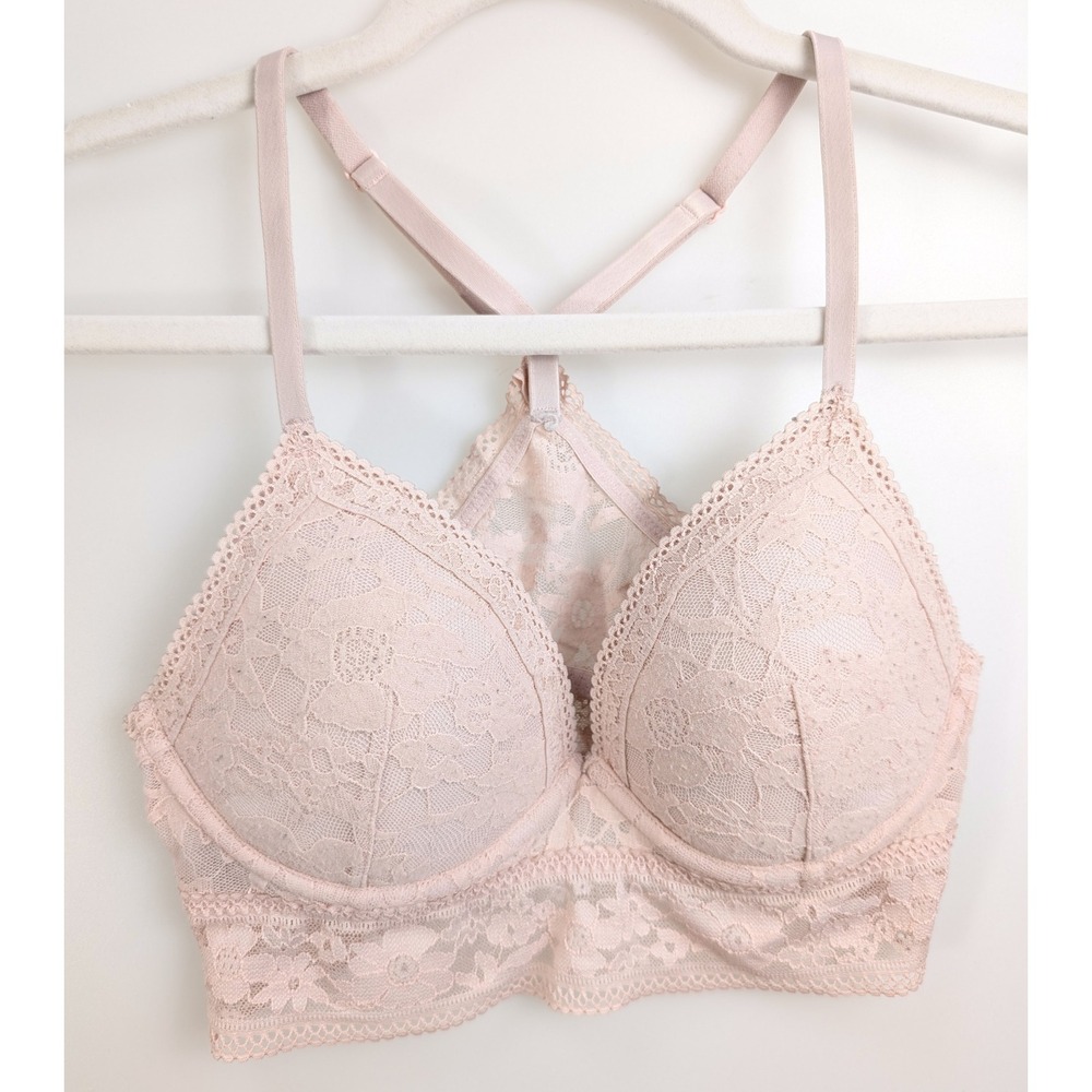 Victorias Secret Floral Lace Longline Racerback Bralette Bra Size S Pink‎ Padded